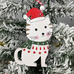 Christmas Tree Ornament-Wooden Cat With Green Scarf-The Bridge Collection